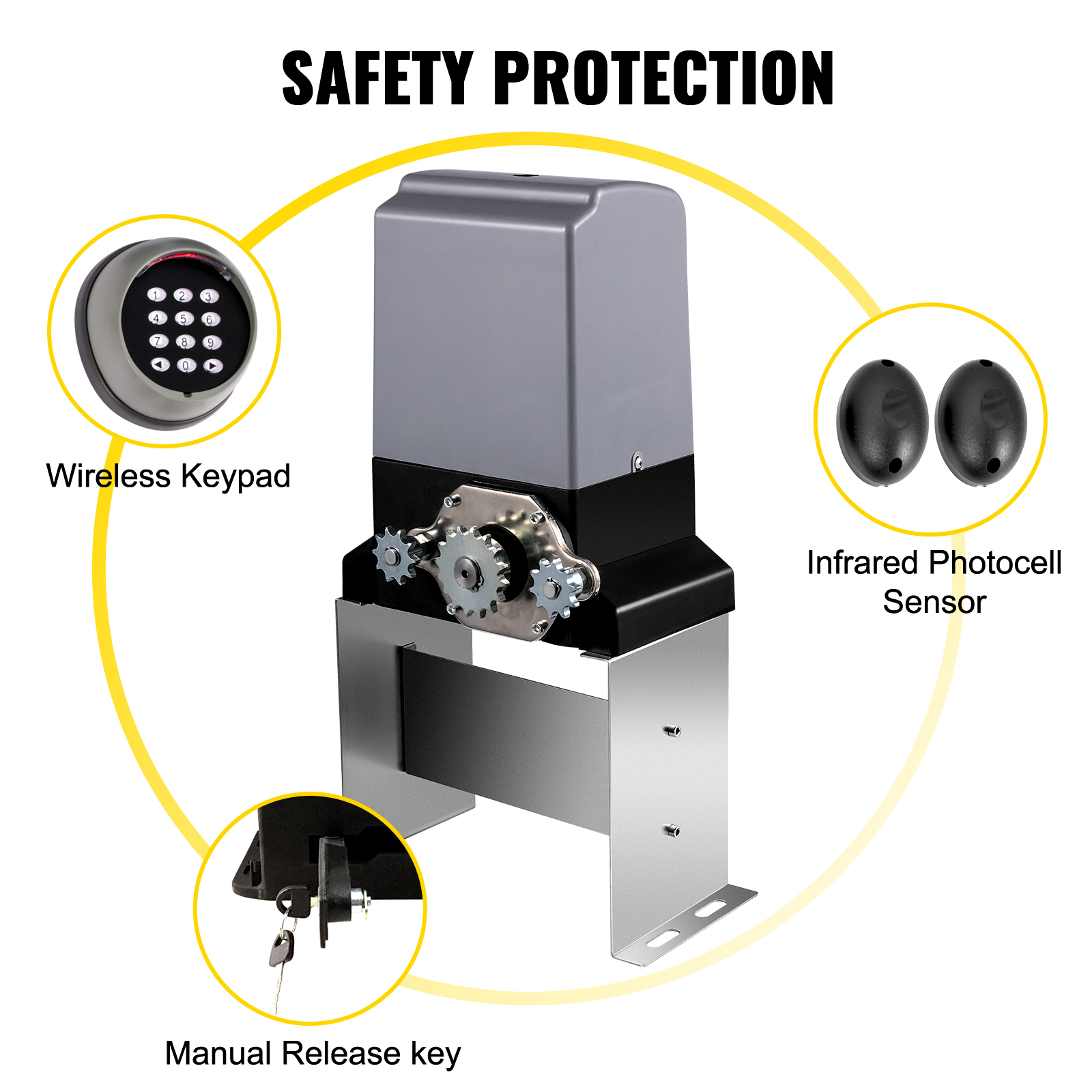 VEVOR sliding gate opener with wireless keypad, infrared sensor, and manual release key.