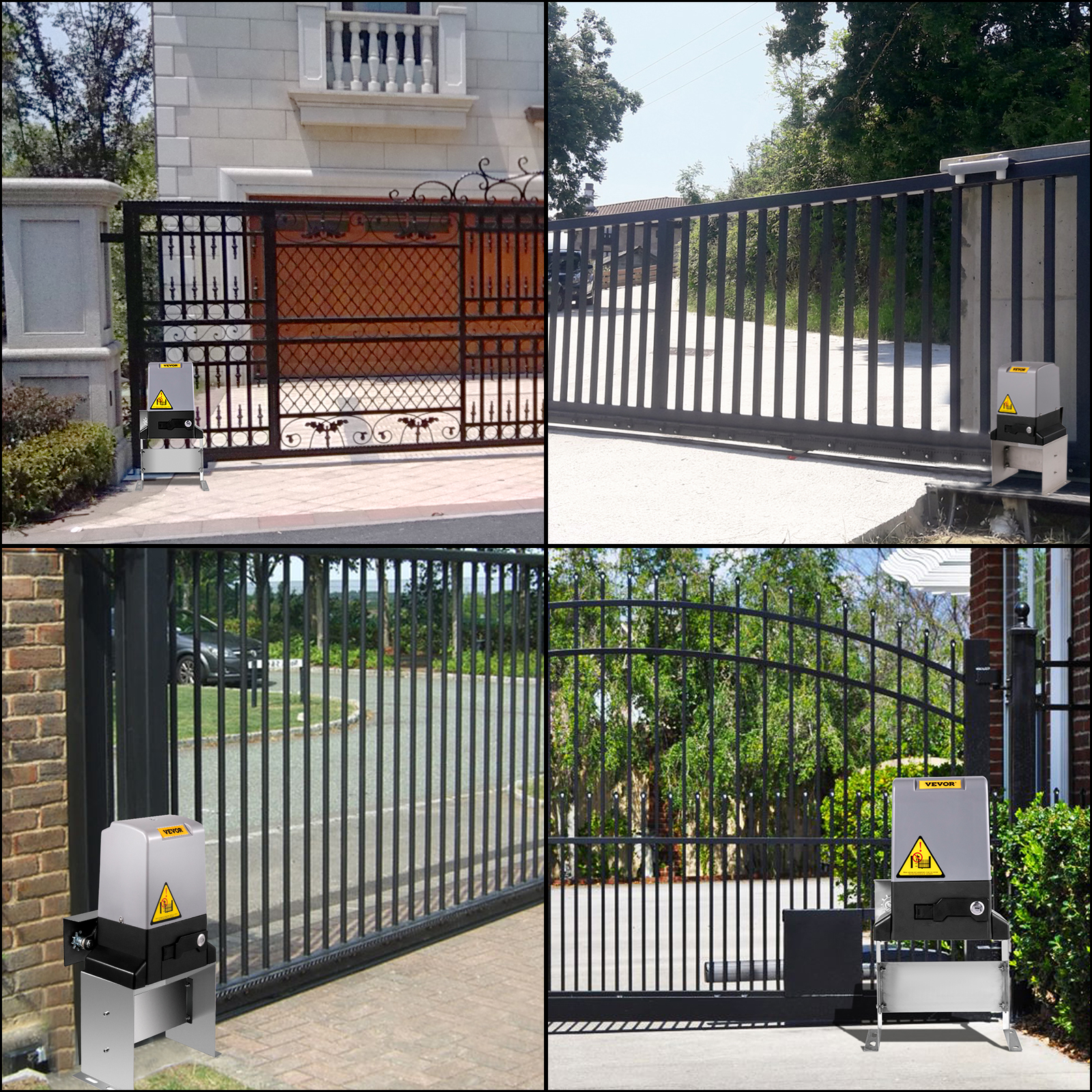 various gate types with VEVOR sliding gate opener installed in different settings.