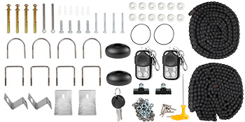VEVOR sliding gate opener with hardware, remotes, screws, u-bolts, and chains.