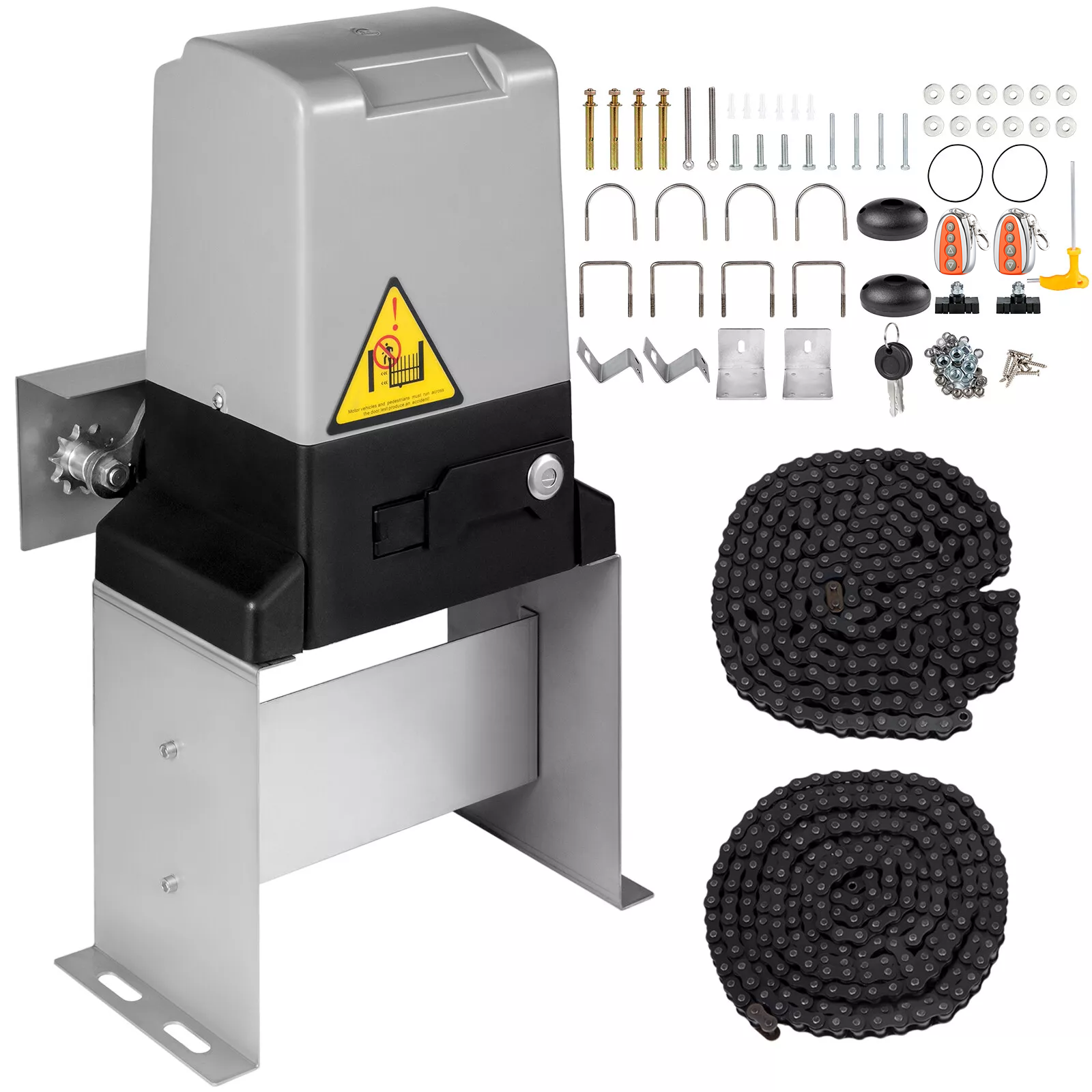 VEVOR sliding gate opener with full installation kit and two coiled chains.