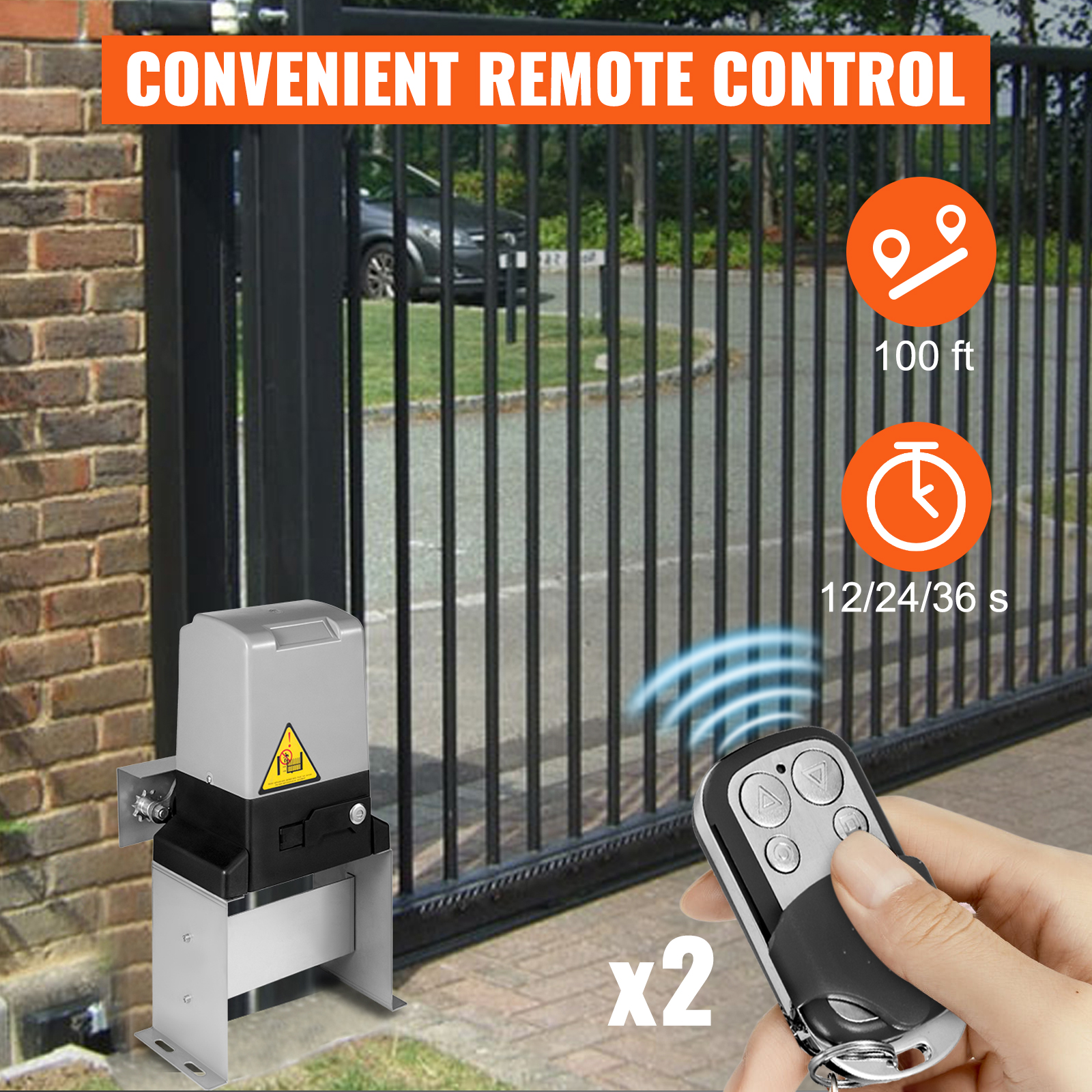 VEVOR sliding gate opener with remote control usage instructions and range information.