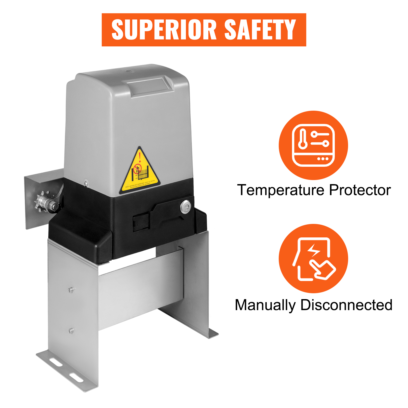 VEVOR sliding gate opener with temperature protector and manual disconnect features.