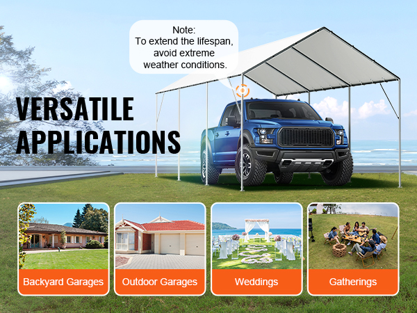 VEVOR carport canopy cover for backyard garages, outdoor garages, weddings, and gatherings by the beach.