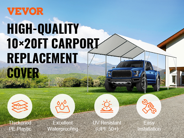 VEVOR carport canopy cover, 10x20ft, thickened pe plastic, waterproof, uv resistant, easy installation.