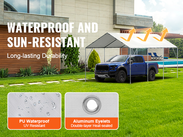VEVOR carport canopy cover over blue truck in modern backyard, showcasing waterproof and sun-resistant features.