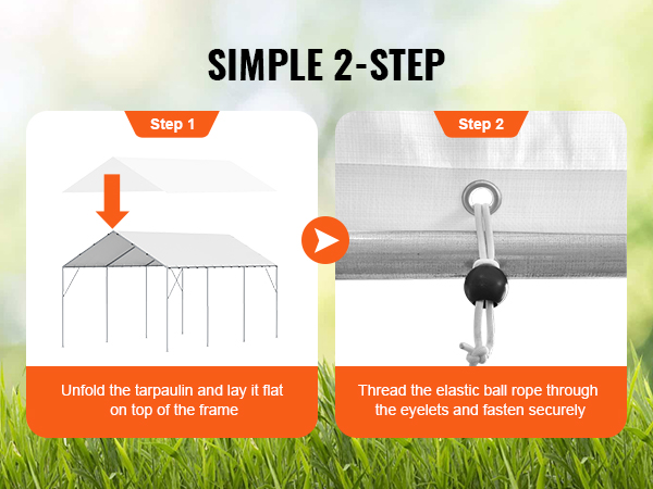 VEVOR carport canopy cover: easy 2-step setup with tarpaulin and elastic ball rope threading.