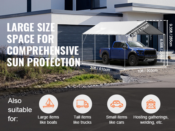 VEVOR carport canopy cover offers large size space for sun protection, suitable for cars, trucks, and gatherings.