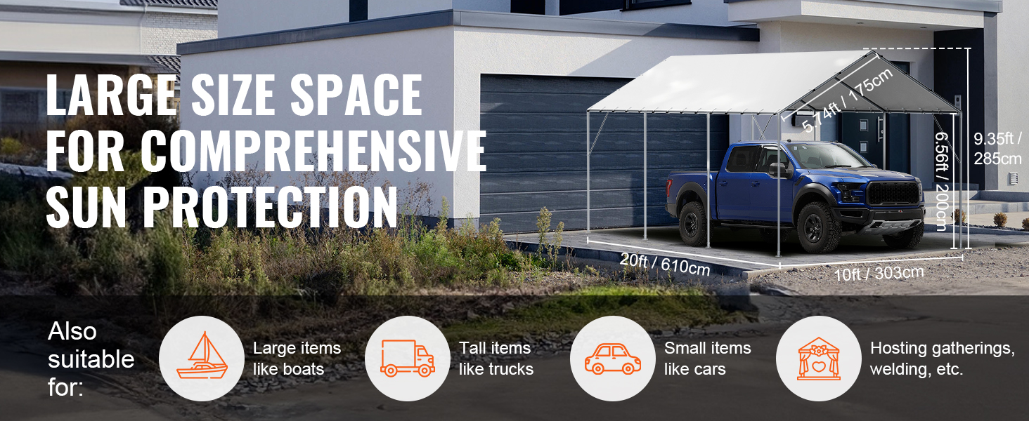 VEVOR carport canopy cover offers large size space for sun protection, suitable for cars, trucks, and gatherings.