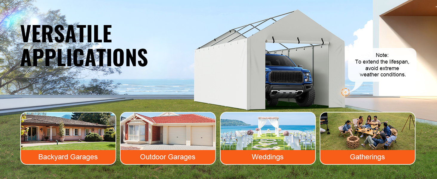 VEVOR carport canopy cover with versatile applications for garages, weddings, and gatherings.
