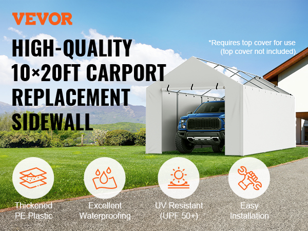 VEVOR carport canopy cover, 10x20ft, thickened pe plastic, waterproof, uv resistant, easy installation.
