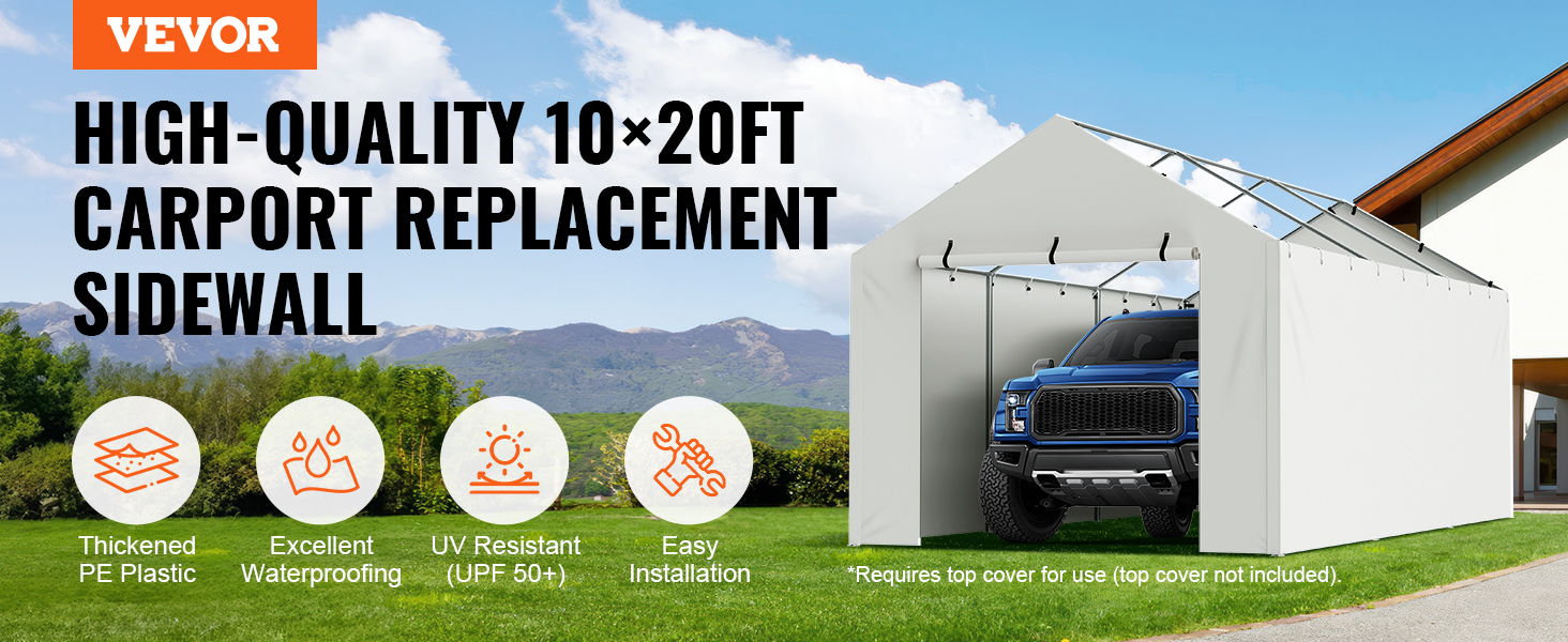 VEVOR carport canopy cover, 10x20ft, thickened pe plastic, waterproof, uv resistant, easy installation.