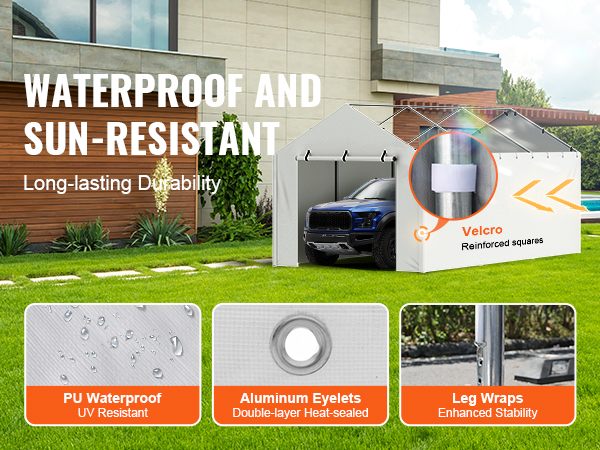 VEVOR carport canopy cover: waterproof and sun-resistant with aluminum eyelets, velcro leg wraps, and pu coating.