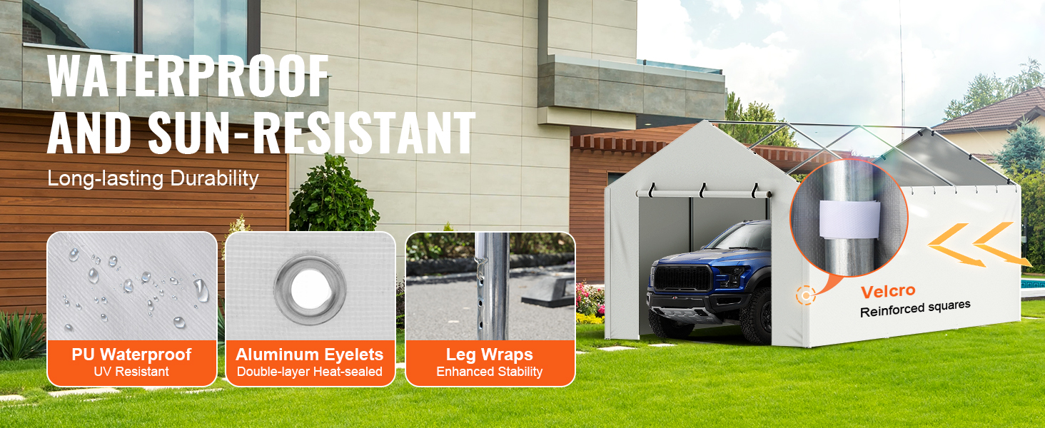 VEVOR carport canopy cover: waterproof and sun-resistant with aluminum eyelets, velcro leg wraps, and pu coating.