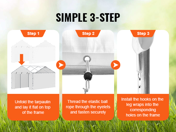 simple 3-step installation guide for VEVOR carport canopy cover: unfold, secure ropes, install hooks.