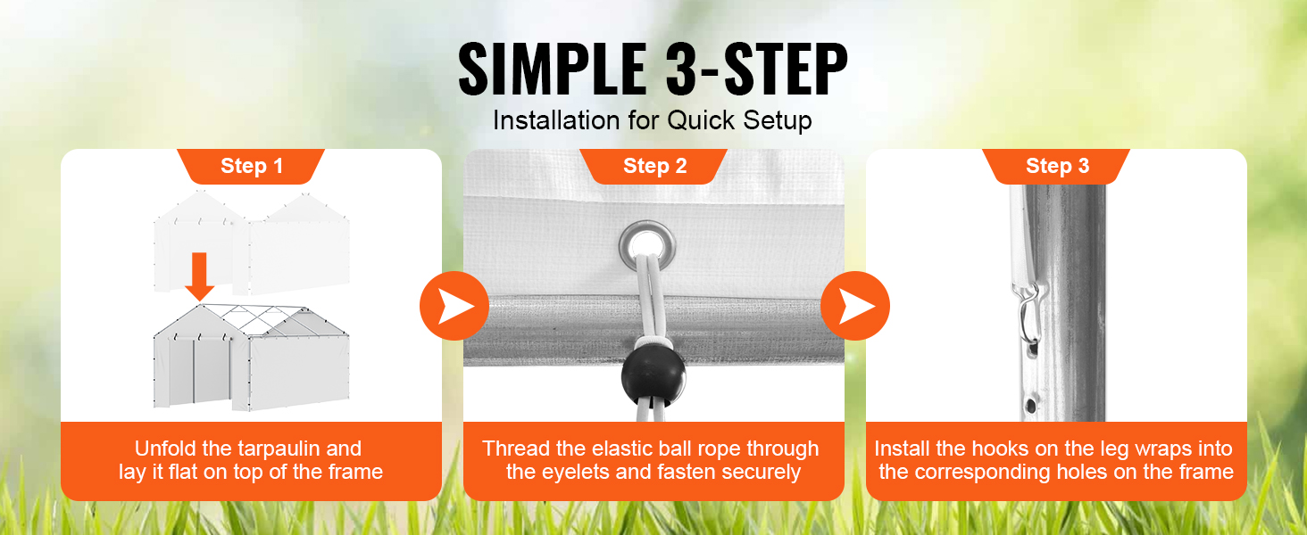 simple 3-step installation guide for VEVOR carport canopy cover: unfold, secure ropes, install hooks.