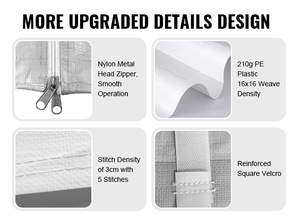 VEVOR carport canopy cover features a nylon metal head zipper, thickened pe plastic, dense stitching, and reinforced velcro.