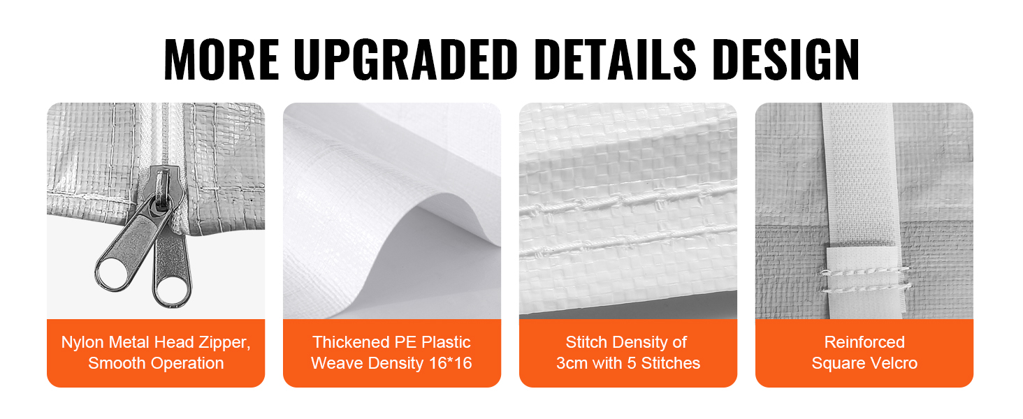 VEVOR carport canopy cover features a nylon metal head zipper, thickened pe plastic, dense stitching, and reinforced velcro.