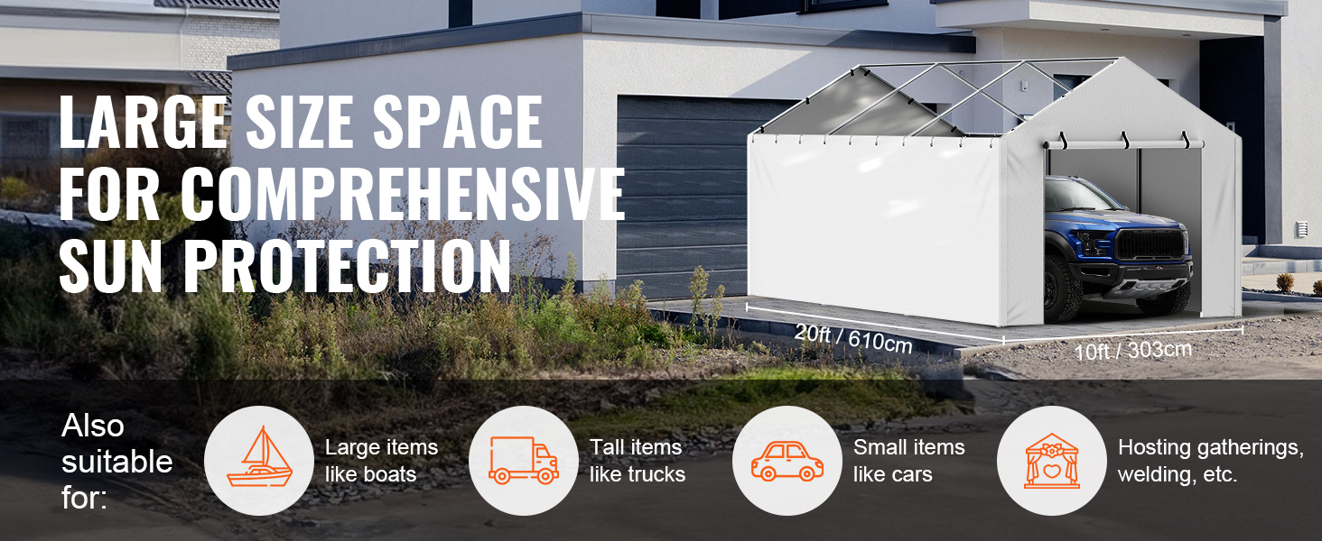 VEVOR carport canopy cover offering large space for vehicles and gatherings, with sun protection benefits.