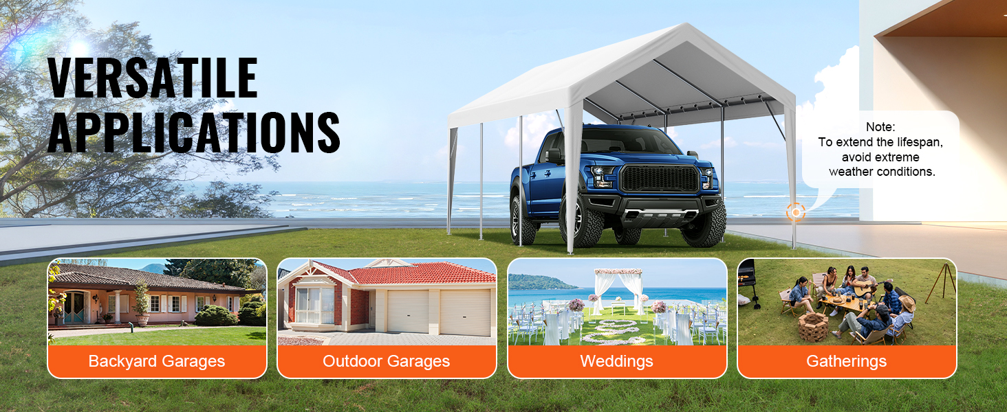 VEVOR carport canopy cover for backyard garages, outdoor garages, weddings, and gatherings by the sea.