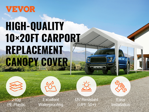 VEVOR carport canopy cover: 10x20ft uv-resistant, waterproof, easy installation, 210g pe plastic.