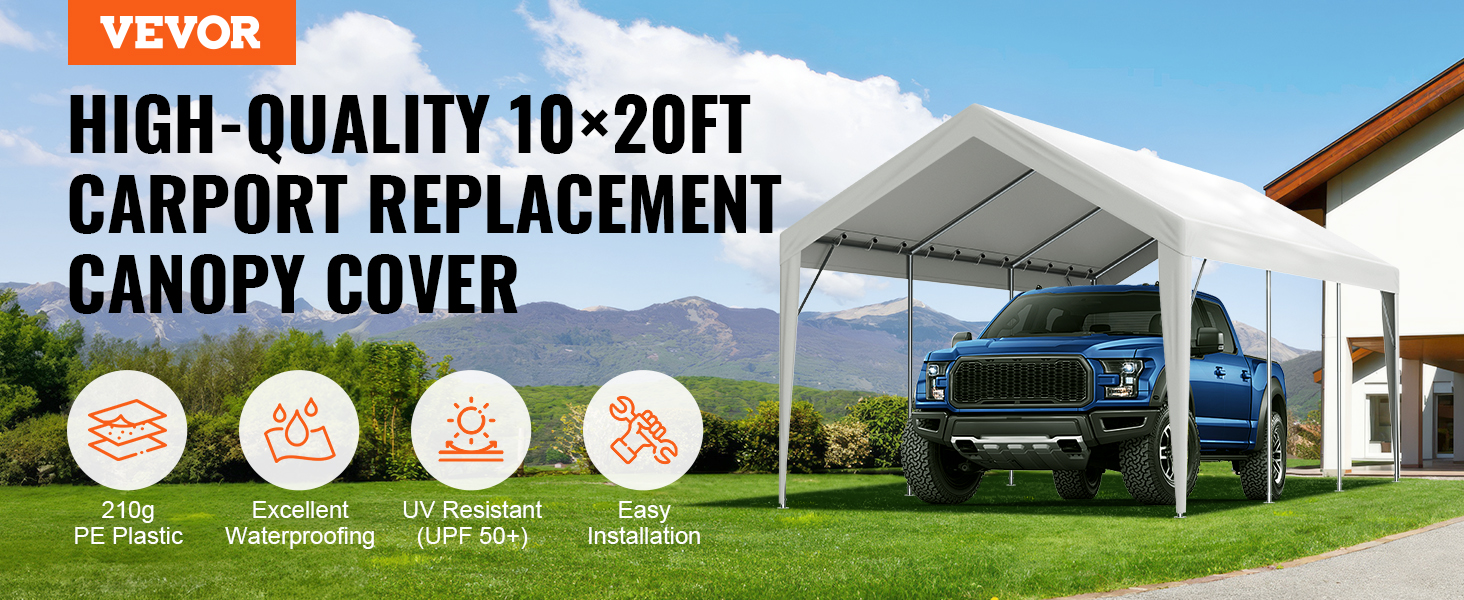 VEVOR carport canopy cover: 10x20ft uv-resistant, waterproof, easy installation, 210g pe plastic.