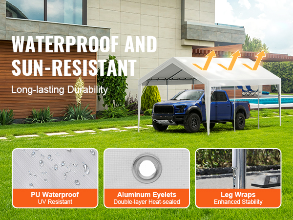 VEVOR carport canopy cover with waterproof and sun-resistant features, blue truck underneath.