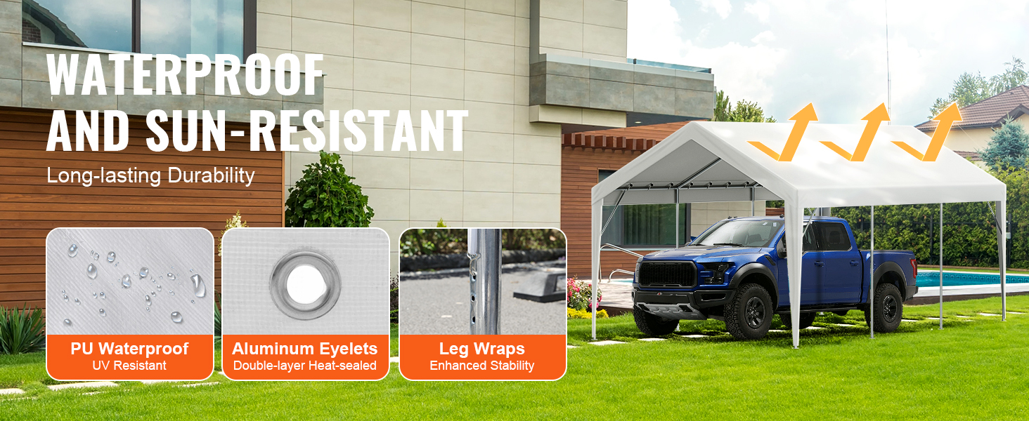 VEVOR carport canopy cover with waterproof and sun-resistant features, blue truck underneath.