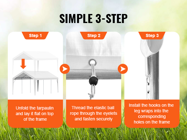 simple 3-step installation guide for VEVOR carport canopy cover: unfold, thread ropes, install hooks.