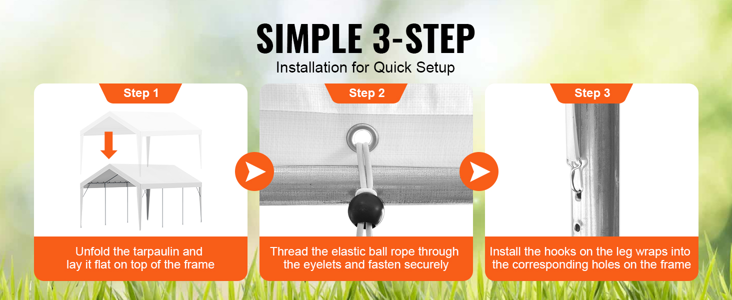 simple 3-step installation guide for VEVOR carport canopy cover: unfold, thread ropes, install hooks.