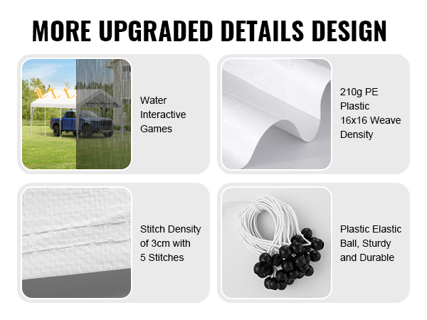 more upgraded details design of VEVOR carport canopy cover: sun-resistant, 210g pe, stitch density, and plastic elastic.