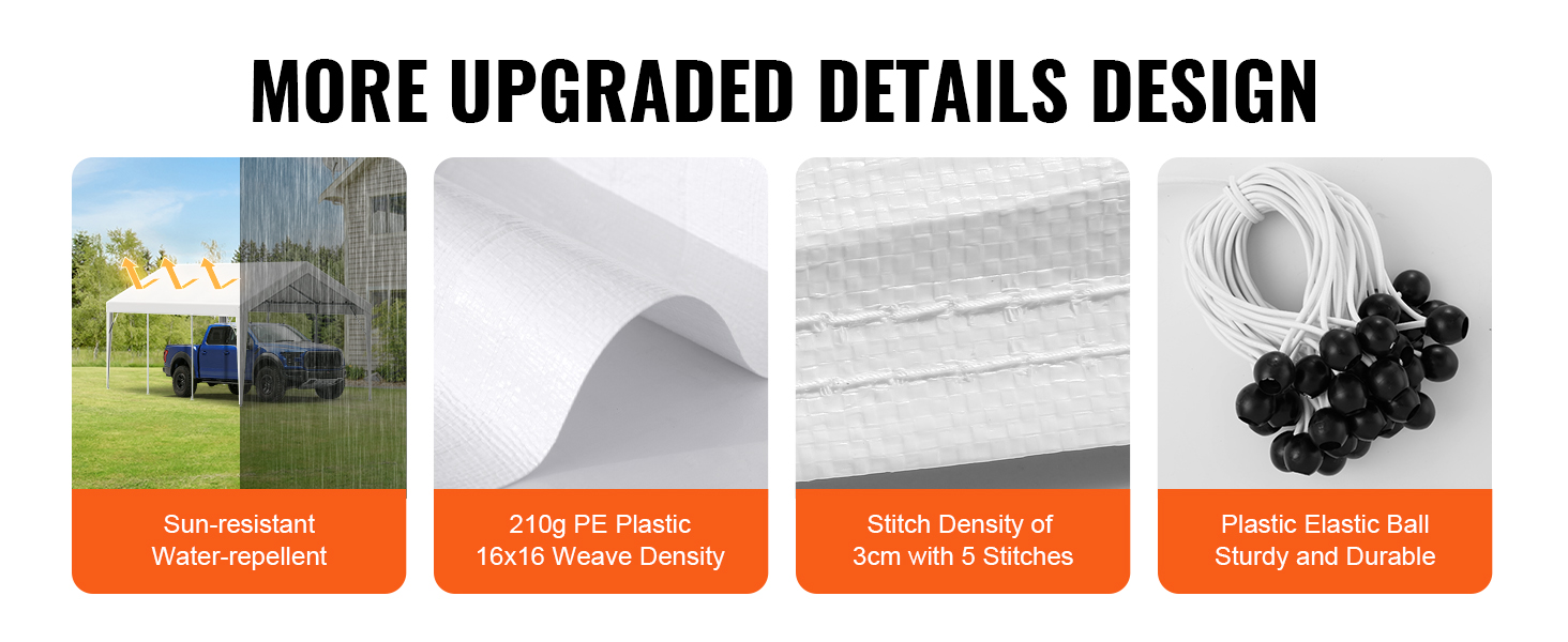 more upgraded details design of VEVOR carport canopy cover: sun-resistant, 210g pe, stitch density, and plastic elastic.