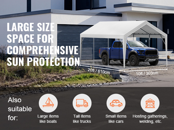 VEVOR carport canopy cover providing large sun protection for trucks, cars, boats, and gatherings.