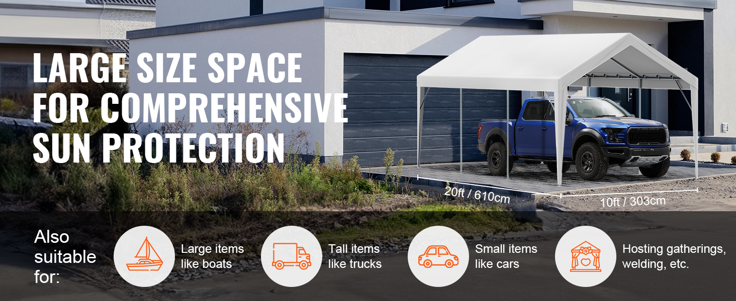 VEVOR carport canopy cover providing large sun protection for trucks, cars, boats, and gatherings.