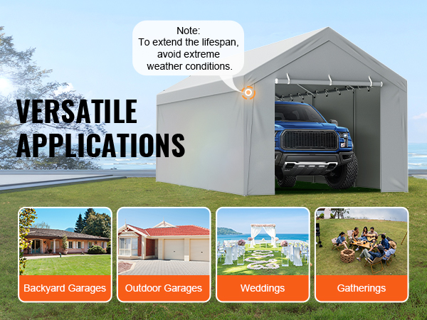 VEVOR carport canopy cover for versatile applications including garages, weddings, and gatherings.