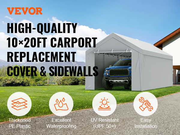 VEVOR carport canopy cover, 10x20ft, waterproof, uv-resistant, easy installation, gray with sidewalls.