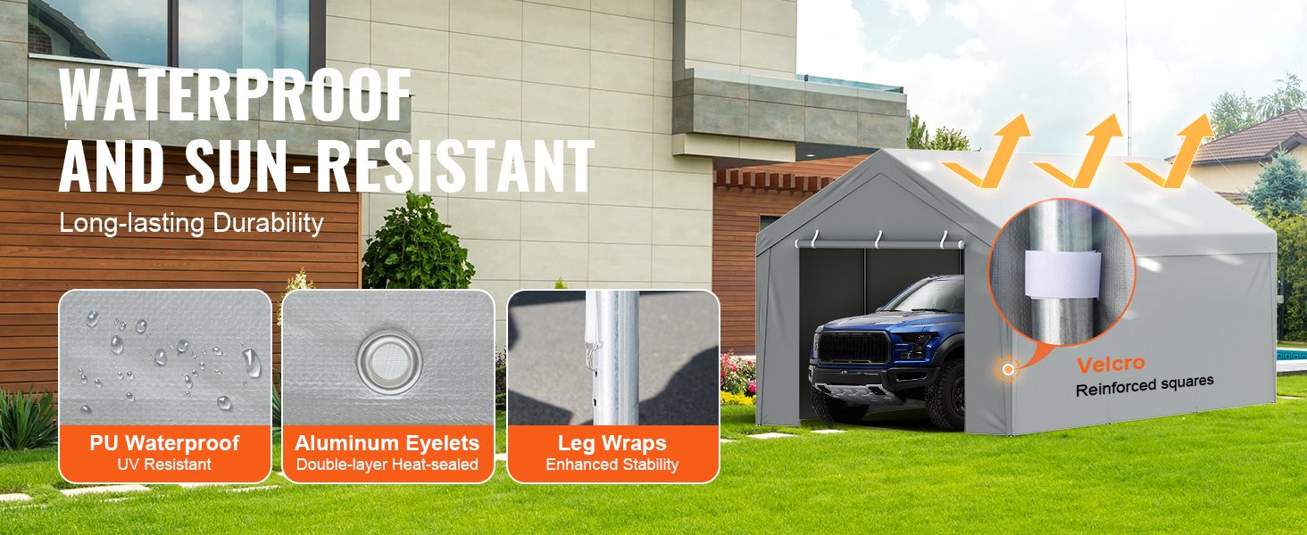 VEVOR carport canopy cover with uv-resistant pu waterproof, aluminum eyelets, and leg wraps.
