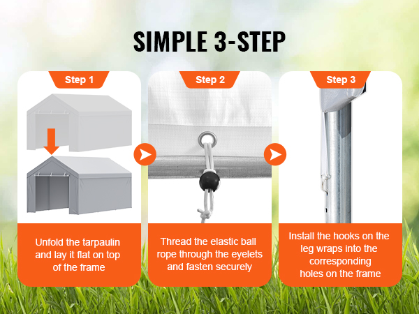 simple 3-step VEVOR carport canopy cover setup: unfold tarp, thread elastic rope, secure leg hooks.