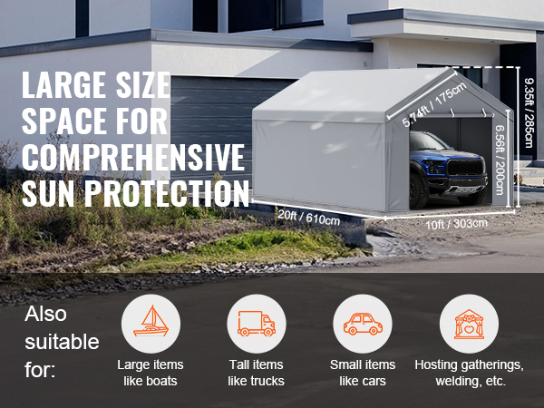 VEVOR carport canopy cover provides large space for sun protection, suitable for boats, trucks, and cars.