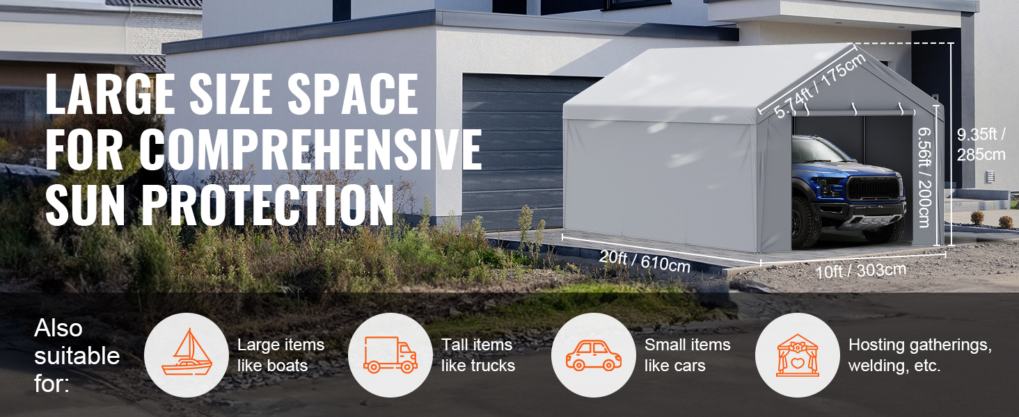 VEVOR carport canopy cover provides large space for sun protection, suitable for boats, trucks, and cars.