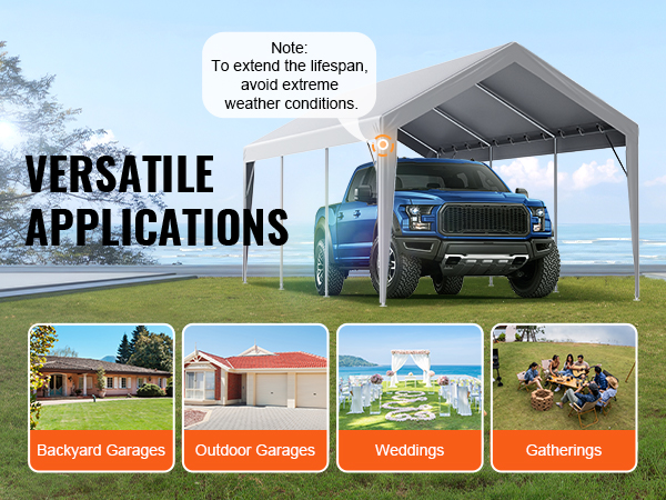 VEVOR carport canopy cover for backyard garages, outdoor garages, weddings, and gatherings by the beach.
