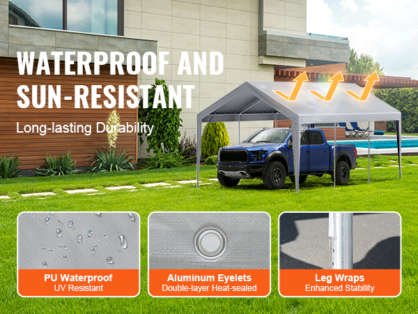 VEVOR carport canopy cover providing sun and water protection for a blue truck by a modern house.