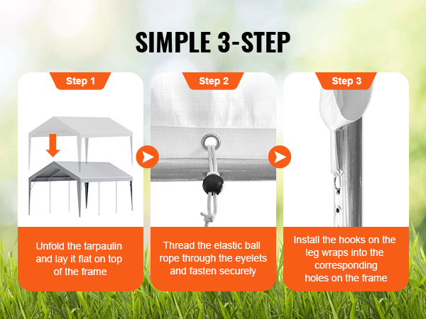 simple 3-step VEVOR carport canopy cover installation: unfold, thread ropes, and secure hooks on frame.