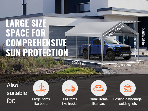 VEVOR carport canopy cover providing large size space for comprehensive sun protection, suitable for trucks.