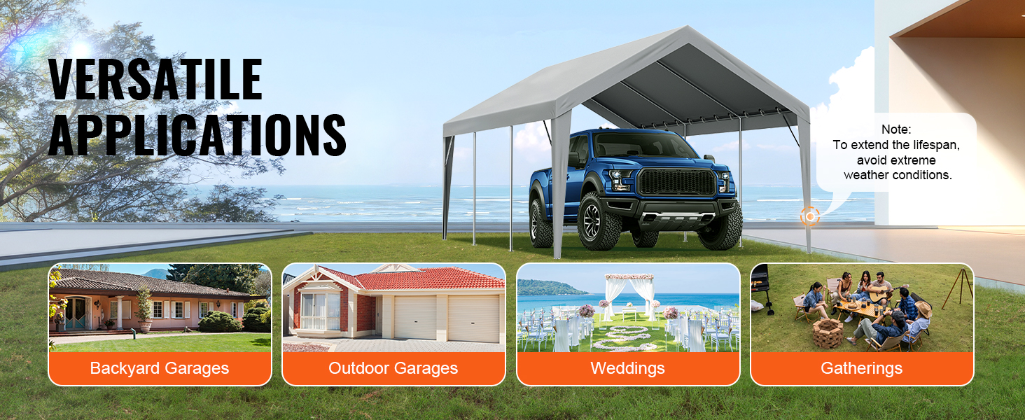 VEVOR carport canopy for versatile applications; backyard garages, outdoor garages, weddings, gatherings.