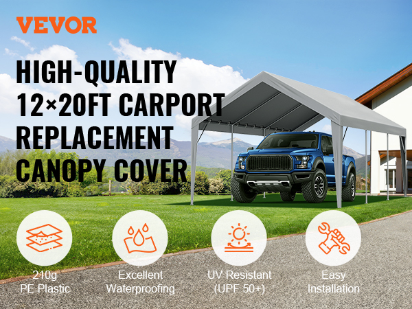 VEVOR carport canopy, 12x20 ft high-quality replacement cover, excellent waterproofing, easy install.