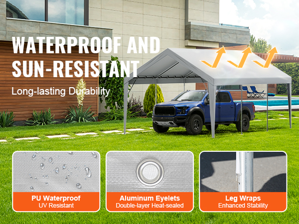 waterproof and sun-resistant VEVOR carport canopy with pu waterproof, aluminum eyelets, and leg wraps.