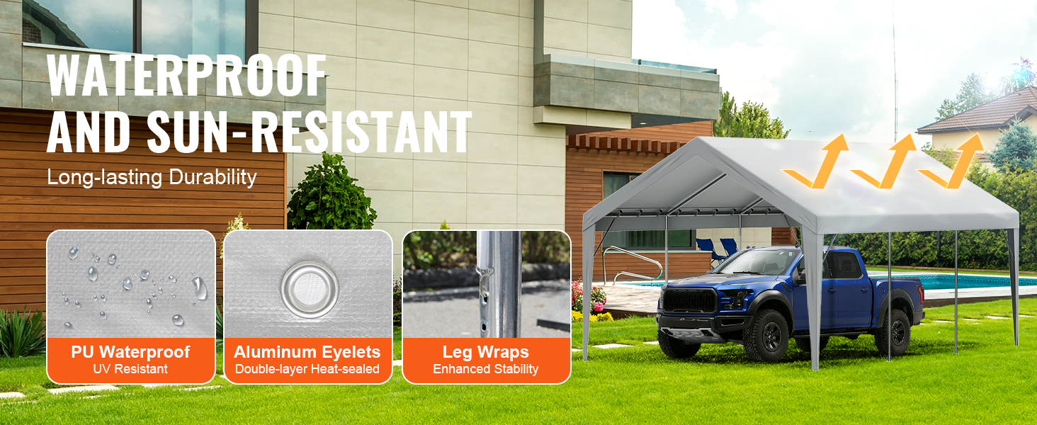waterproof and sun-resistant VEVOR carport canopy with pu waterproof, aluminum eyelets, and leg wraps.