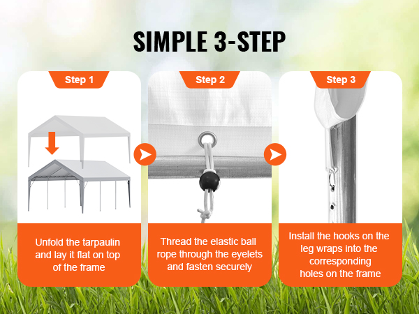 simple 3-step setup for the VEVOR carport canopy: unfold tarp, thread rope, secure hooks.