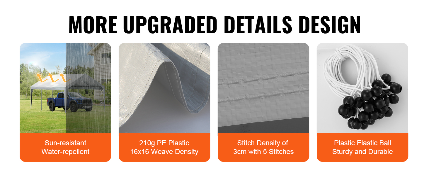 VEVOR carport canopy with sun-resistant, water-repellent cloth, 210g pe plastic, and durable elastic balls.