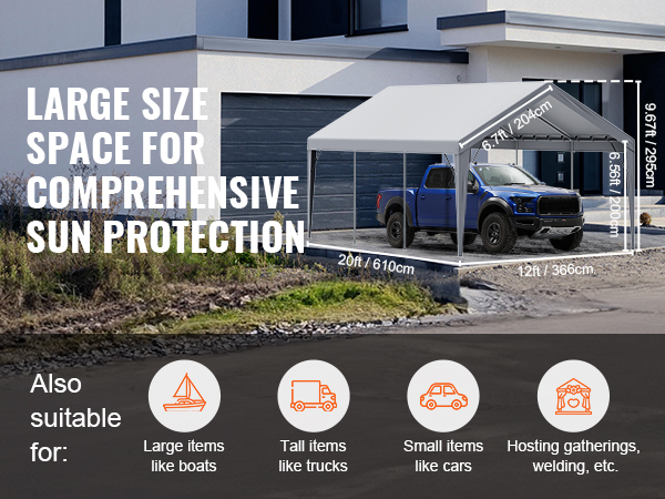 VEVOR carport canopy 20ft x 12ft for large items like boats, trucks, and cars. ideal for gatherings.